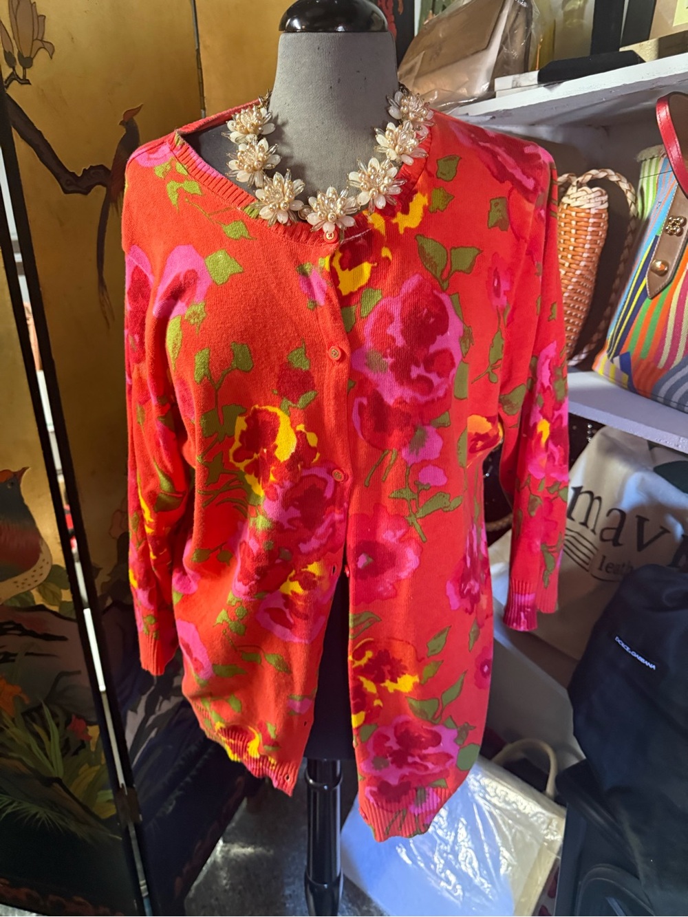 Unlisted Bright Red Floral Crewneck Button-Front Cardigan